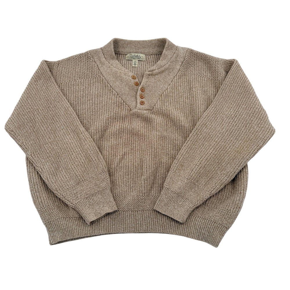 Cabelas Womens Tan Cotton Chunky Knit Henley Sweater Large 902277 Cropped Button